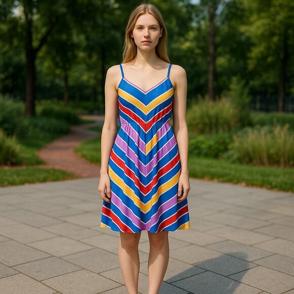 70s JR Dressworks Chevron Stripe Sundress Sweetheart Navy Multi Color Boho - Picture 1 of 11